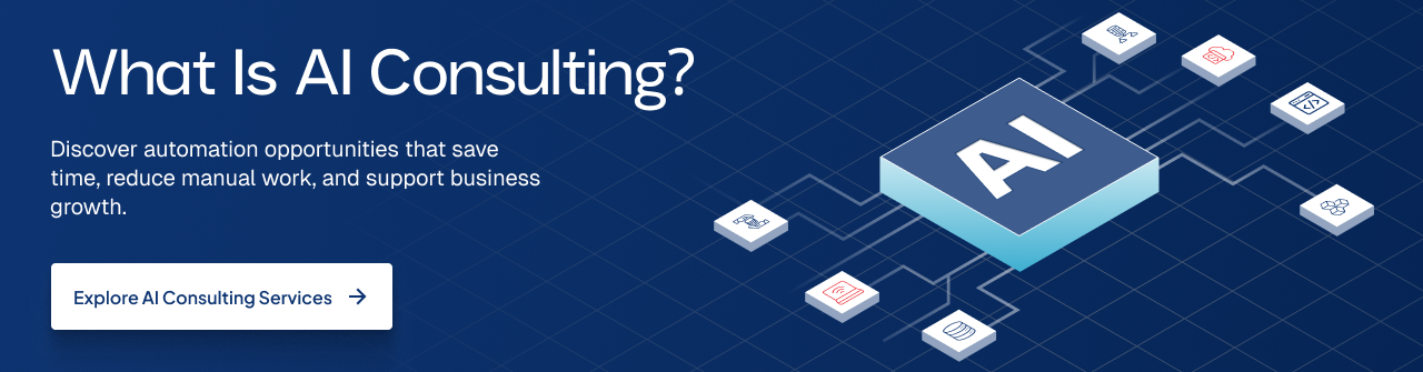 AI consulting services illustration showing business process automation, workflow improvement, and operational efficiency.